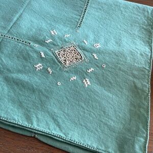 Vintage Embroidered Soft Teal Linen Napkins and Tablecloth with White Detailing